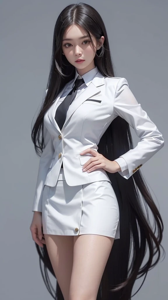 Businesswoman, womanสวย, Decorated with military insignia., Wear a suit and tie., short skirt, businessuitwhite, กระโปรงดินสอสั้นwhite, (short skirt:1.4), businessuitรัดรูป, All white outfit, Emphasize the curves of the body, (สาวสวยMy hair is two meters long., my hair is very long., extra long hair, long black hair), businessuit, (suitสไตล์อิตาลี, suitสองปุ่ม), (italian dress, white suit, Set of two buttons), (wear woman'your clothes'suit, woman's business suit, white), (suitwomanwhite), (เสื้อเชิ้ตwhite), necktie, (necktieสั้นสีดำ, necktieสีดำ, necktieผอม, ถักnecktie), (military rank insignia), (Short pencil skirtwhite), (Dynamic posts), full body, (A gigantic rift), ((big breasts:1.3), Thin body, small waist, hips raised, small thighs, Long legs), high-heelsสีดำ, (Short pencil skirt, white), Wearing a suit for a Businesswoman, (Wearing a white businessuit, businessuitหญิงwhite), (tight, military regalia, เสื้อwhite, กระโปรงwhite), Long legs, (black shoes), (Two gold suit buttons, My hair is two meters long., suitเข้ารูป, เสื้อsuitwhiteทรงธรรมดารัดรูป), (black shoes, high-heels), (stand, walk, A luxurious gesture, Dynamic posts), (big breasts), short dress, earring, garden, modeling, ภาพfull body, เหมือนfull body