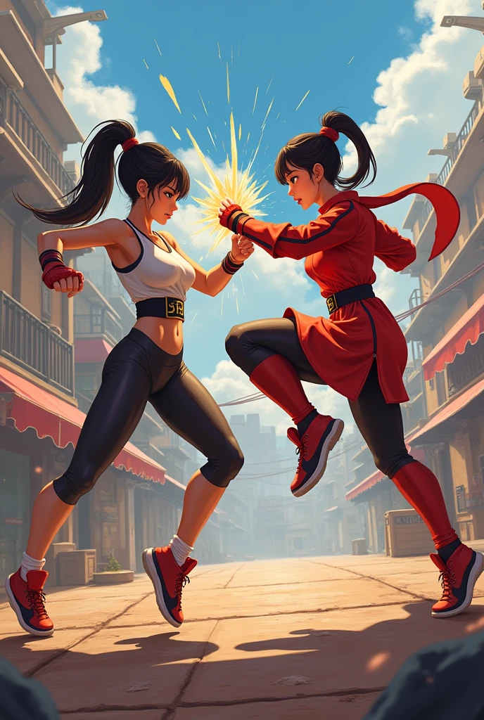 Retro video game, Pixel art, two beautiful women, Chun-Li vs Cammy, Both of fight, (Chun-Li:1.2,brown hair,Bun Hair on both sides of the head,Bun cover,lipstick,makeup,She is wearing a blue china dress,gold trim,Blue cheongsam with side slits,puffy sleeves,short sleeves,side slit,cross-laced footwear,pantyhose,pelvic curtain,spiked bracelet,white footwear). (Cammy White:1.2,light skin,blue eyes,and long blonde hair styled in two braids,She is wearing a red Beret,green leotard,red fingerless gloves,black combat boots). 
BREAK, fighting games screen, Stick butt out and throws a punch, masterpiece, ultra high resolution, best quality, perfect anatomy, perfect proportions, Accurate limbs, accurate finger, Digital photograph, Ultra-high quality