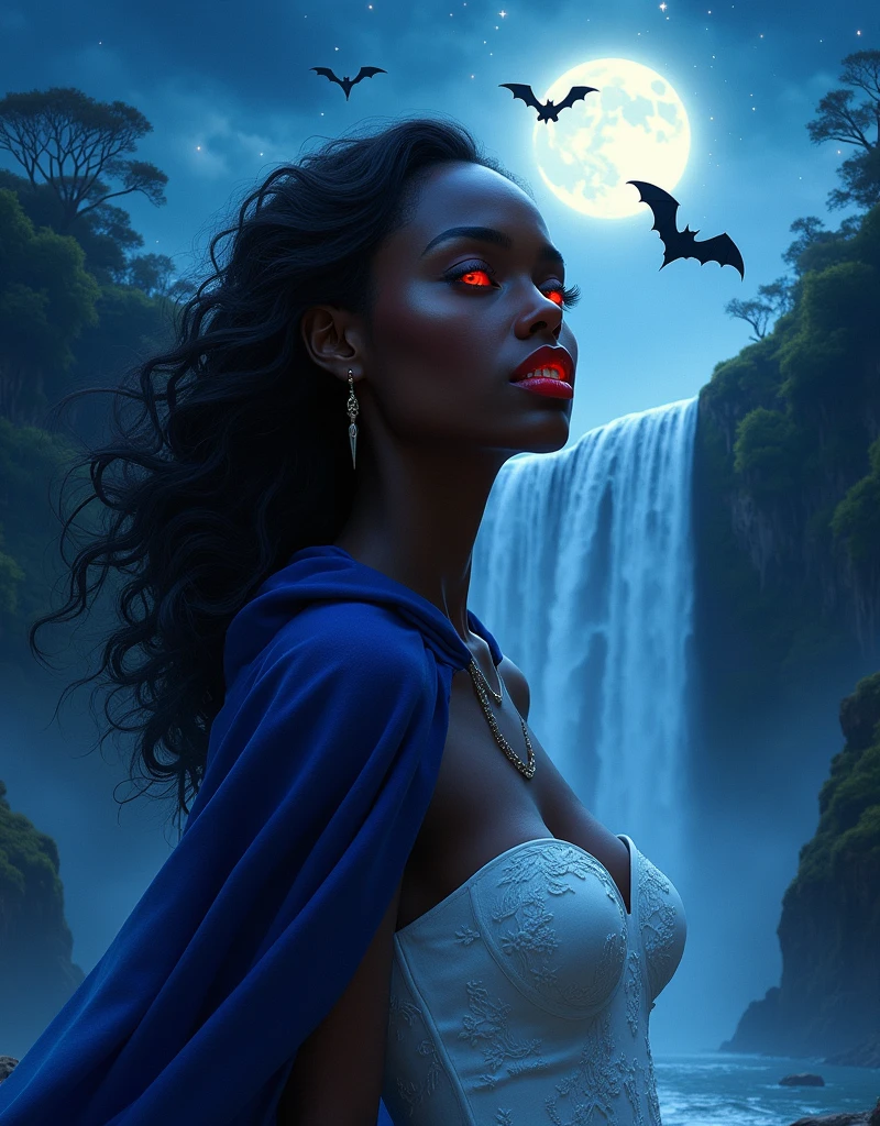 an (anime portrait: 1.3) picture of an exquisite beautiful female African vampire standing under the starry night sky at the base of the waterfall, ultra feminine, black skin, dynamic hair color, wavy hair, dynamic eyes color, glowing eyes, vampire fangs, cold eyes, glowing eyes, intense eyes, dark red lips, wearing white dress, wearing blue cloak, ultra best realistic, best details, best quality, 16k, [ultra detailed], masterpiece, best quality, (extremely detailed), photorealism, depth of field, hyper realistic painting, sky full of stars background, moon, bats flying about, high details, best quality, 8k, [ultra detailed], masterpiece, best quality, (ultra detailed),