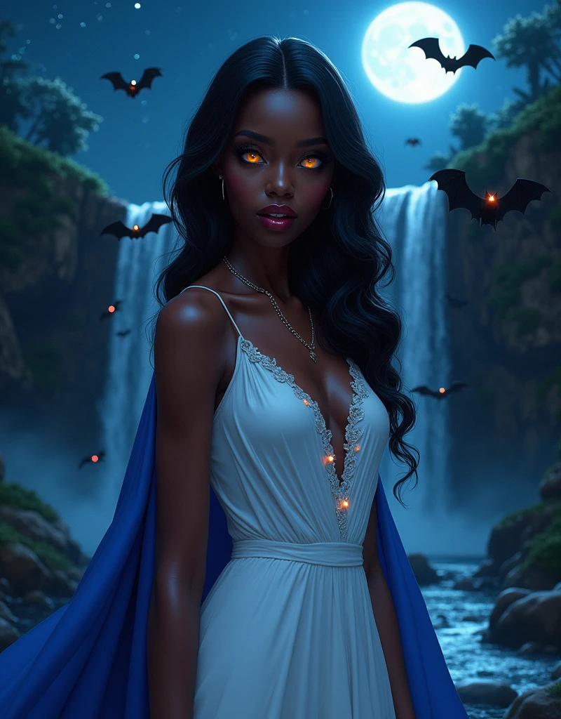 a picture of an exquisite beautiful female vampire standing under the starry night sky at the base of the waterfall, dynamic angle (ultra detailed, Masterpiece, best quality), ultra feminine, (black skin: 1.3), black hair, wavy hair, dynamic eyes color, cold eyes, glowing eyes, intense eyes, dark red lips, [fangs], wearing white dress (ultra detailed, Masterpiece, best quality), wearing blue cloak (ultra detailed, Masterpiece, best quality), long cloak, flowing cloak (ultra detailed, Masterpiece, best quality), wearing high heeled boots,  water coming down from a mountain, multi level water falls, several pools created in different levels, forming new waterfalls, water cascading into a pool steam rising, clear water in many hues of blue and azure falling, ultra best realistic, best details, best quality, 16k, [ultra detailed], masterpiece, best quality, (extremely detailed), ultra wide shot, photorealism, depth of field, hyper realistic painting, sky full of stars background, moon, bats flying about, high details, best quality, 8k, [ultra detailed], masterpiece, best quality, (ultra detailed), full body, ultra wide shot, photorealism, dark fantasy art, dark fantasy art, gothic art, many stars, dark fantasy art, gothic art, sense of dread, bloodmagic