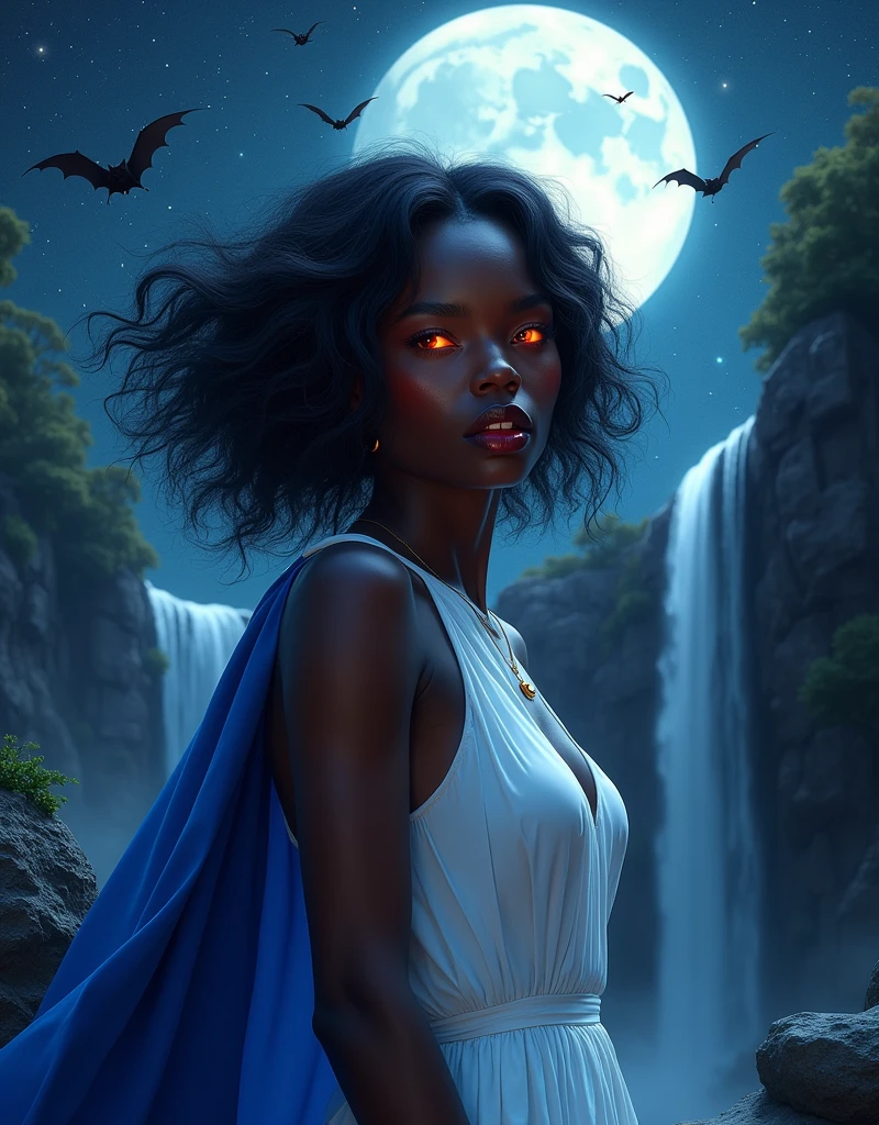 an (anime portrait: 1.3) picture of an exquisite beautiful female African vampire standing under the starry night sky at the base of the waterfall, ultra feminine, black skin, dynamic hair color, wavy hair, dynamic eyes color, glowing eyes, vampire fangs, cold eyes, glowing eyes, intense eyes, dark red lips, wearing white dress, wearing blue cloak, ultra best realistic, best details, best quality, 16k, [ultra detailed], masterpiece, best quality, (extremely detailed), photorealism, depth of field, hyper realistic painting, sky full of stars background, moon, bats flying about, high details, best quality, 8k, [ultra detailed], masterpiece, best quality, (ultra detailed),
