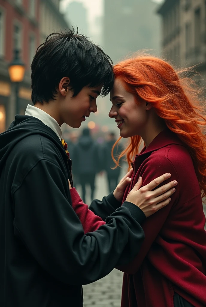 Draco Malfoy, a eubio boy, and Harry Potter, a black-haired boy, fighting over Gynny Weasley, a red-haired girl