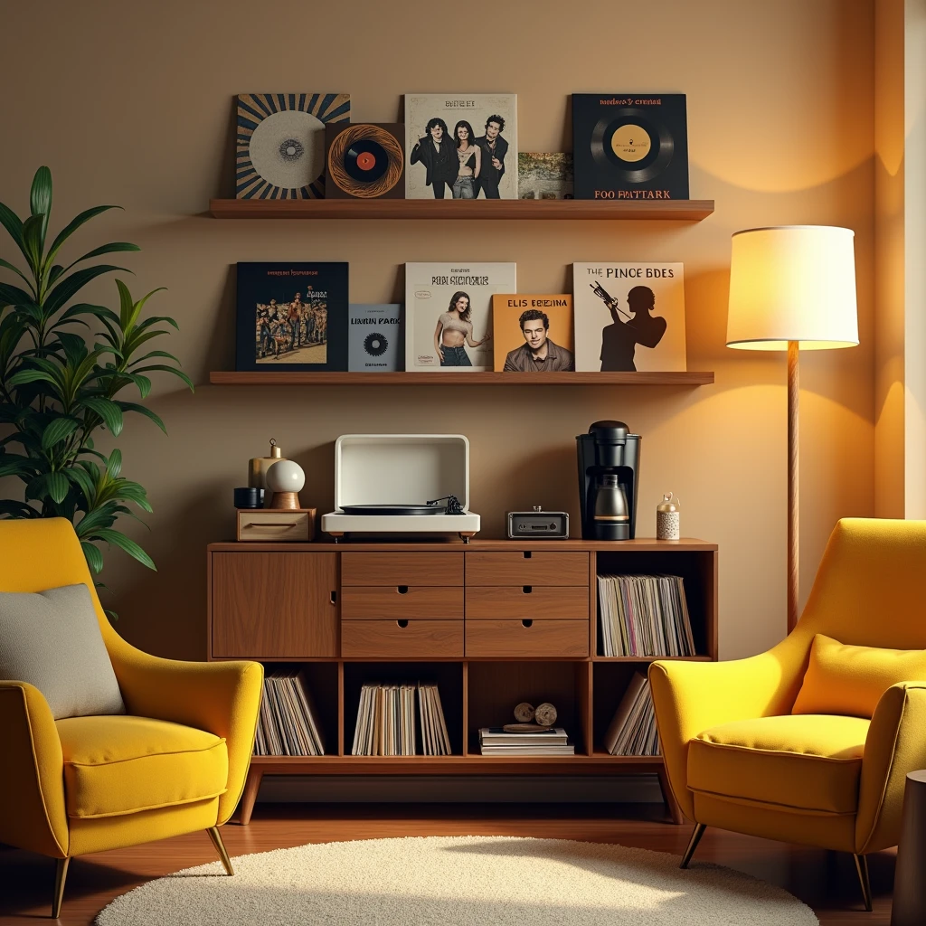 Create a realistic image of a corner in an apartment with a simple sideboard with a coffee maker, a coffee capsule holder, a French coffee press and a brown suitcase-shaped record player, it's open with a record playing. On top there are thin shelves with front discs, there are two shelves one on top of the other, each shelf has 3 discs next to each other, disco do Queen, do Linkim Park, Foi Fighters , gilberto gil, U2 and Elis Regina. Also on the sideboard, Na parte de baixo, has niches with books. In front of the sideboard there are two yellow armchairs and a floor lamp with yellow light and a rug..
