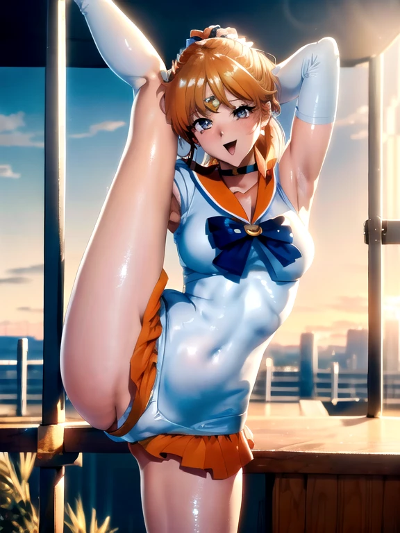 masterpiece, best quality, highres, sv1, sailor senshi uniform, medium breast, smile, open mouth, orange skirt, elbow gloves, tiara, orange sailor collar, red bow, orange choker, white gloves, jewelry,smile, brush, from below, Panty shot, Love juice, standing split pose, , white leotard, milf, ornate fabric, leather texture, dramatic lighting, cinematic shot, atmospheric, depth of field, comic style, watercolor style, floating hair, wind, wind lift, shiny hair, outdoor, sunshine, arms behind head