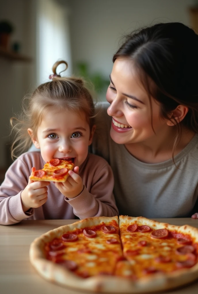 A realistic photograph of a mother and daughter eating pizza. they're at home. They're happy.