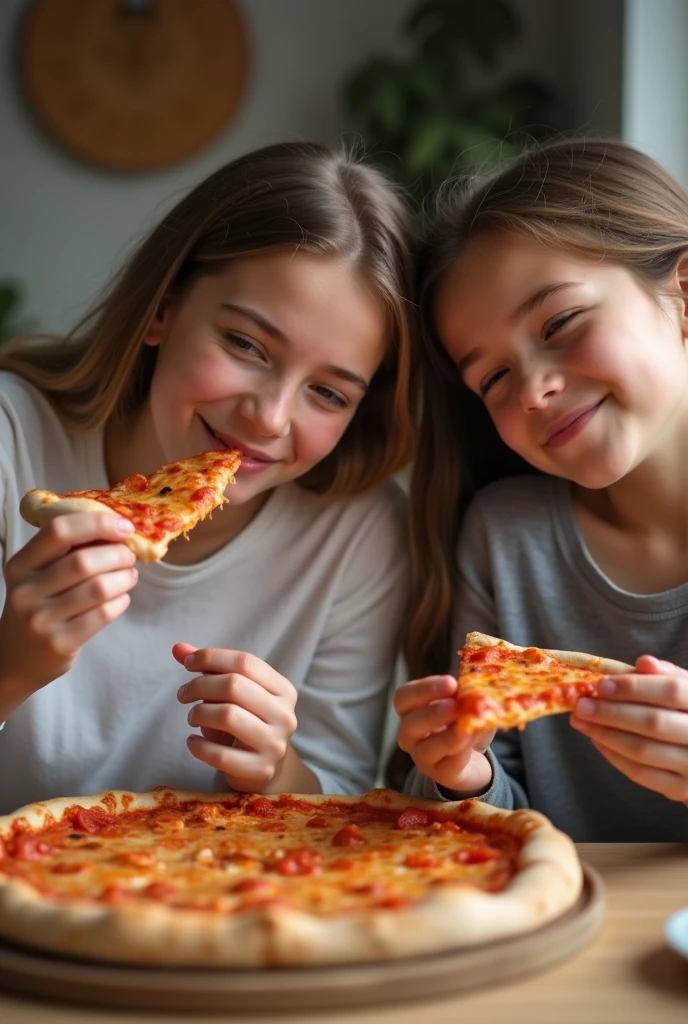 A realistic photograph of a mother and daughter eating pizza. they're at home. They're happy.