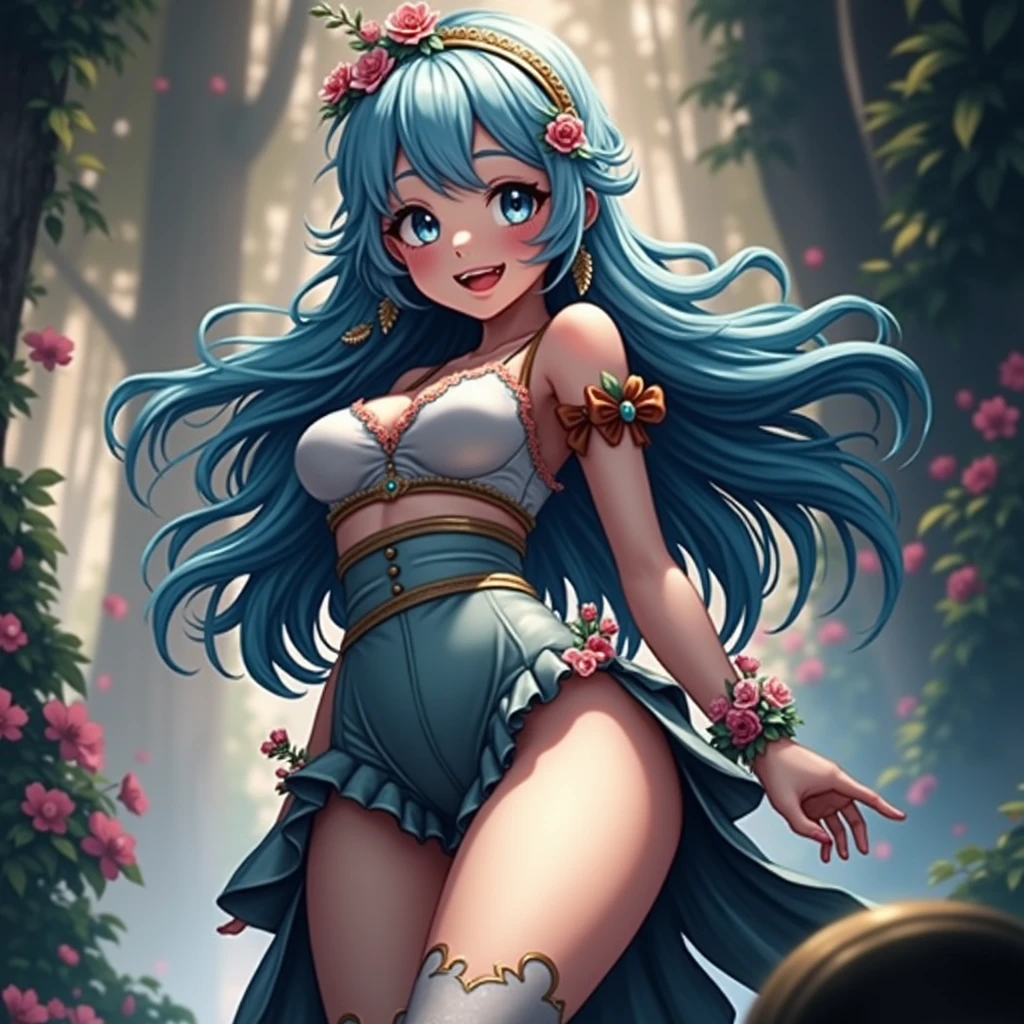 (best quality,ultra-detailed,realistic:1.37),cute anime girl,light blue hair,detailed eyes,detailed lips,smiling,wearing a cute outfit,cheerful expression,vibrant colors,soft lighting,anime style,fantasy background,playful pose,beautifully illustrated, vtuber