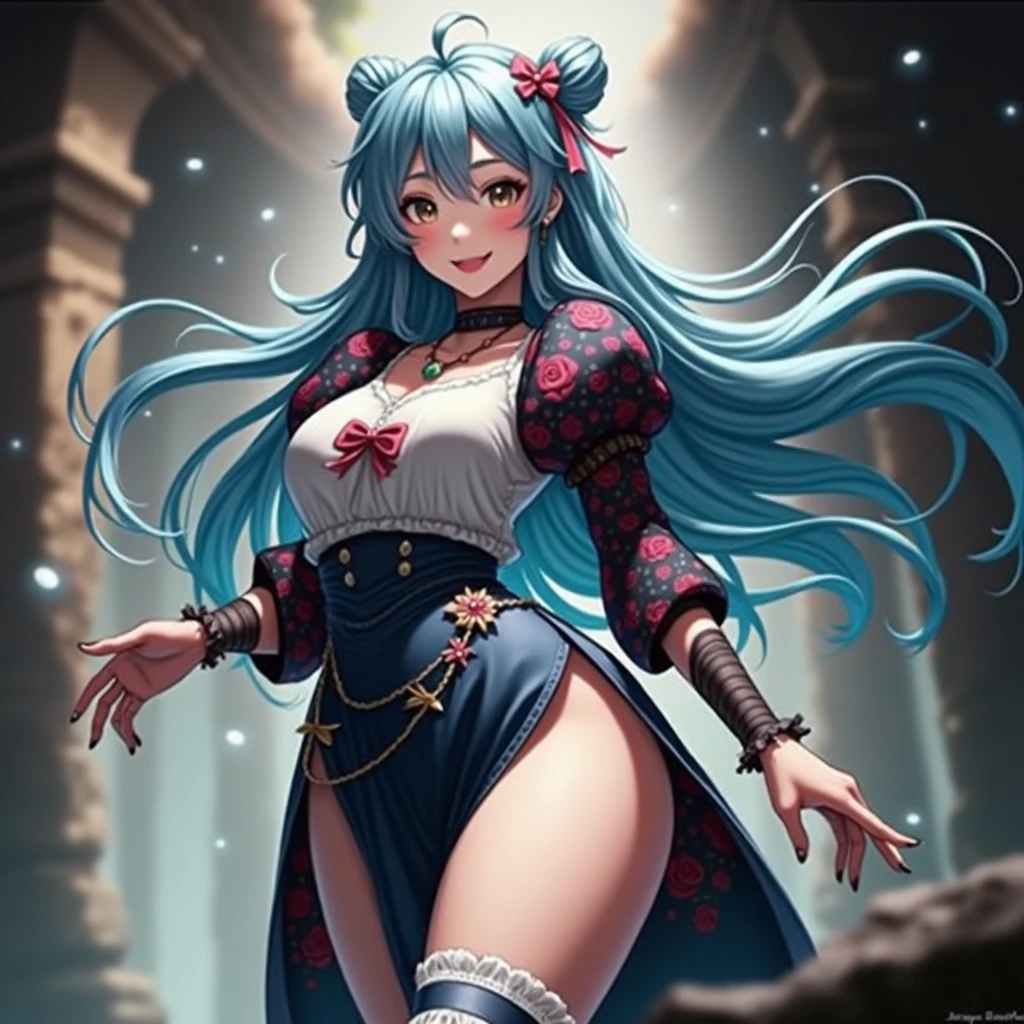 (best quality,ultra-detailed,realistic:1.37),cute anime girl,light blue hair,detailed eyes,detailed lips,smiling,wearing a cute outfit,cheerful expression,vibrant colors,soft lighting,anime style,fantasy background,playful pose,beautifully illustrated, vtuber