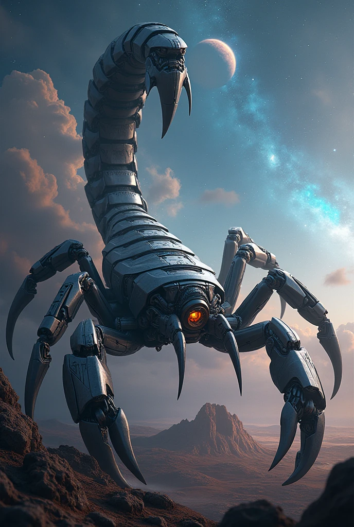 Create a robotic scorpion in the middle of the galaxy 