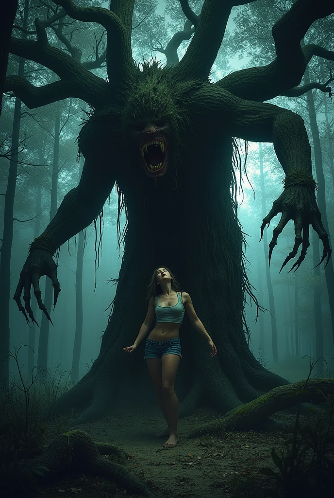  A giant tree monster is devouring a woman in a dark forest, demon, horror, midnight, nightmare, tank top, shorts, fear, anxious, terrified, scary tree, scary monster, man-eating tree, macabre, lovecraftian horror, eating a woman, branches around body, held by branches, branches wrapped around waist, struggling, bait 