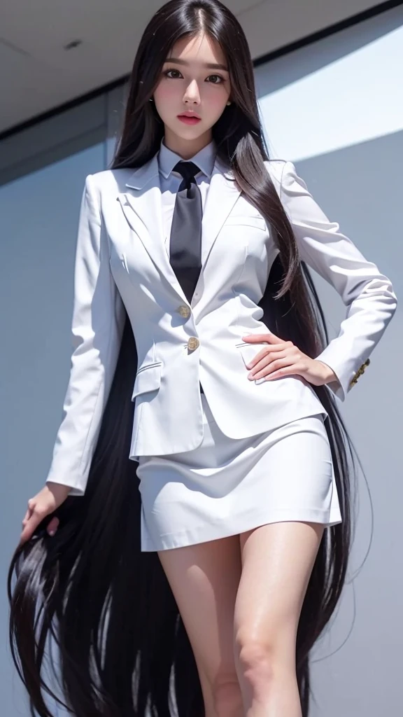 Businesswoman, womanสวย, Decorated with military insignia., Wear a suit and tie., short skirt, businessuitwhite, กระโปรงดินสอสั้นwhite, (short skirt:1.4), businessuitรัดรูป, All white outfit, Emphasize the curves of the body, (สาวสวยMy hair is two meters long., my hair is very long., extra long hair, long black hair), businessuit, (suitสไตล์อิตาลี, suitสองปุ่ม), (italian dress, white suit, Set of two buttons), (wear woman'your clothes'suit, woman's business suit, white), (suitwomanwhite), (เสื้อเชิ้ตwhite), necktie, (necktieสั้นสีดำ, necktieสีดำ, necktieผอม, ถักnecktie), (military rank insignia), (Short pencil skirtwhite), (Dynamic posts), full body, (A gigantic rift), ((big breasts:1.3), Thin body, small waist, hips raised, small thighs, Long legs), high-heelsสีดำ, (Short pencil skirt, white), Wearing a suit for a Businesswoman, (Wearing a white businessuit, businessuitหญิงwhite), (tight, military regalia, เสื้อwhite, กระโปรงwhite), Long legs, (black shoes), (Two gold suit buttons, My hair is two meters long., suitเข้ารูป, เสื้อsuitwhiteทรงธรรมดารัดรูป), (black shoes, high-heels), (stand, walk, A luxurious gesture, Dynamic posts), (big breasts), short dress, earring, garden, modeling, ภาพfull body, เหมือนfull body