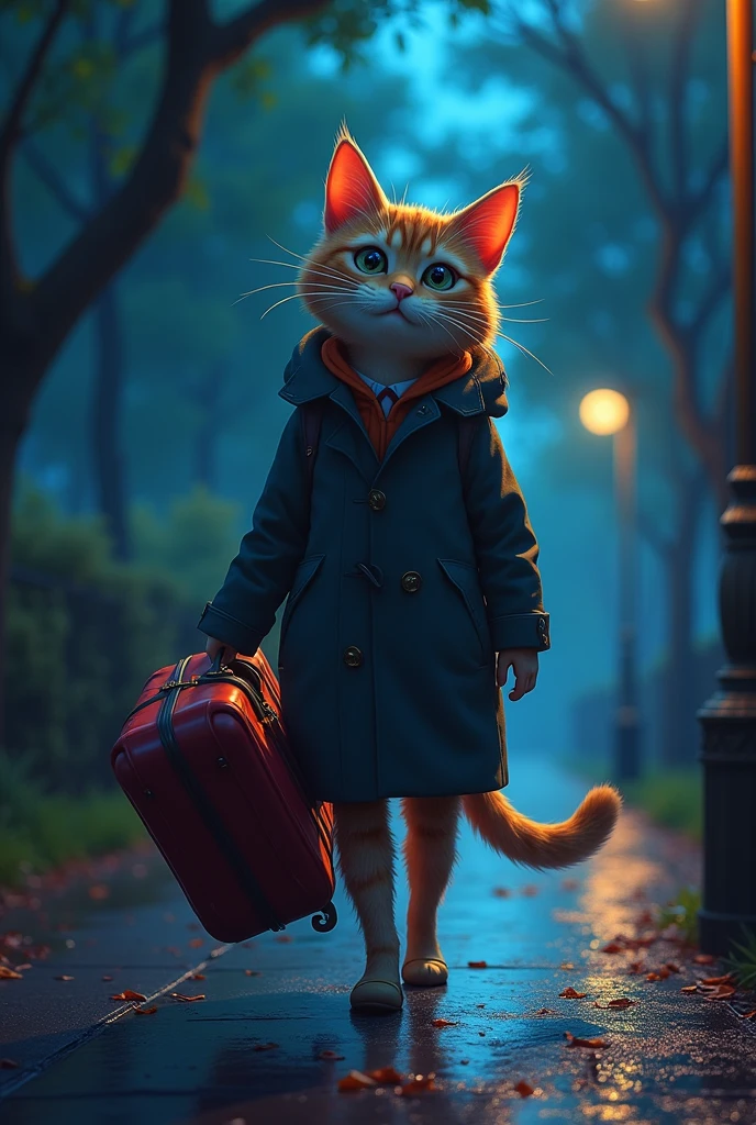 “Create an image of an anthropomorphic feline character, a cat with watery eyes, the cat, walks with an elegant step through the park, enjoying the tranquility, holding his suitcase full of things, walking alone on the street, trees with low light. Around him, the cat has a neon light effect.