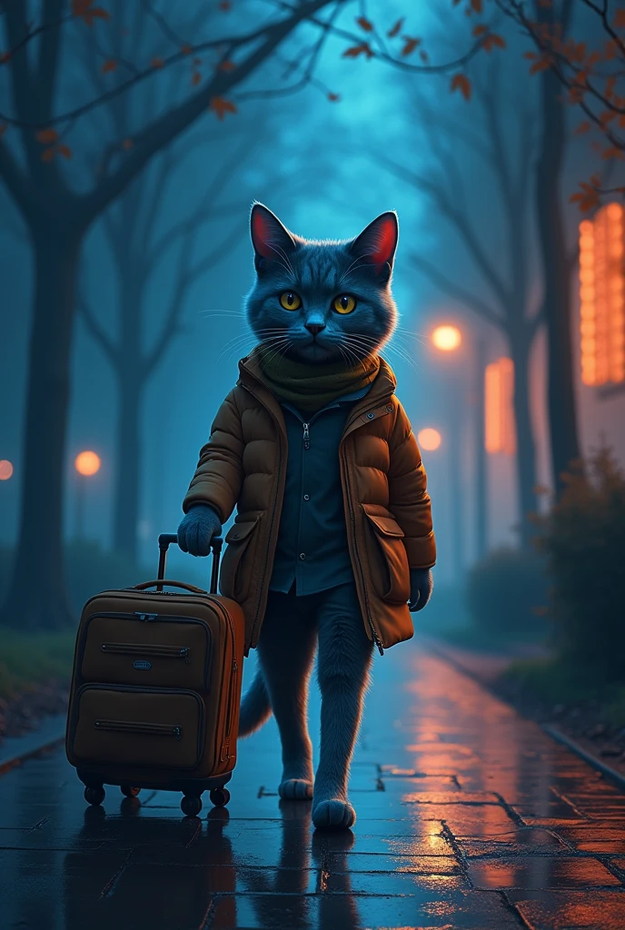 “Create an image of an anthropomorphic feline character, a cat with watery eyes, the cat, walks with an elegant step through the park, enjoying the tranquility, holding his suitcase full of things, walking alone on the street, trees with low light. Around him, the cat has a neon light effect.