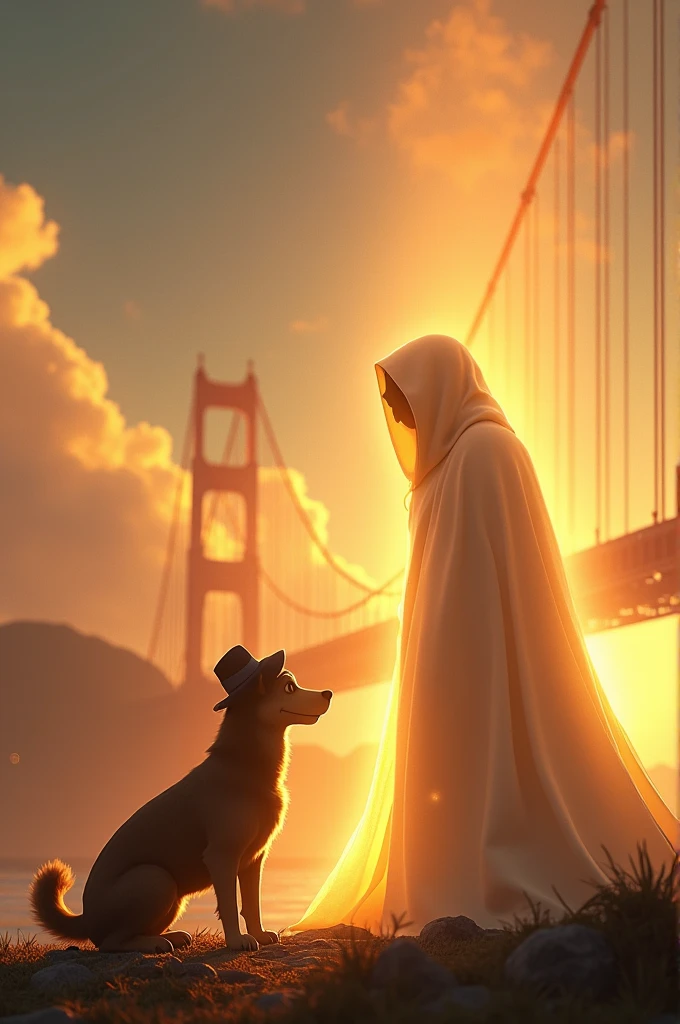 "A hyperrealistic 3D Disney Pixar-style image of the mysterious figure standing beside the golden gate. The figure is cloaked in light, their features barely visible, creating an air of mystery. The man’s soul, wearing his signature hat and glasses, is shown in the foreground, asking the figure a question, while his dog looks up curiously. The scene is set against a backdrop of endless sky, with floating clouds and a gentle, golden light permeating the image." hyper realistic 