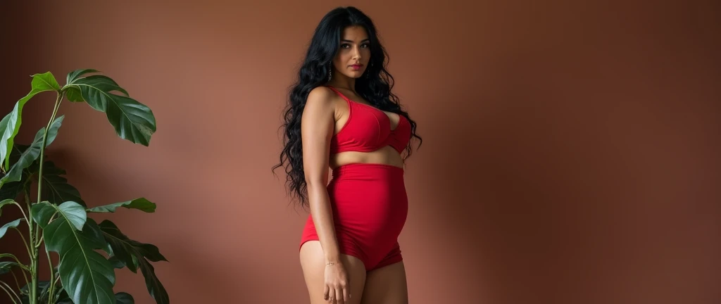 portrait of a Srilanka aunty with big boobies, black hair, wearing a red mini short, big booty, sexy thighs, thighs visible, legs visible, red school heels in feet, perfect thick, Full body