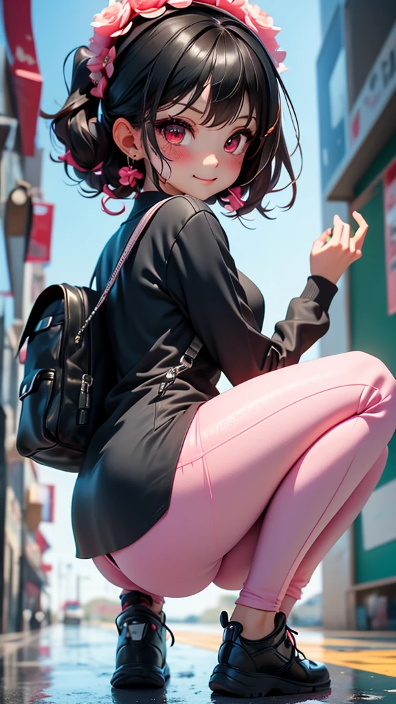 masterpiece、1 female student、Smile、Light pink lips、posing at school，（The whole body is soaked），legs are open， alone, Black polo shirt, looking at the audience,  (Thick thighs:1.0),Yazawa Nico,red eyes, Blushed,Blunt hair,hands on hips，greet，Floral headdress，White yoga pants，Cover the bottom with your hands，Backpack，View from behind, (((squatting))),
