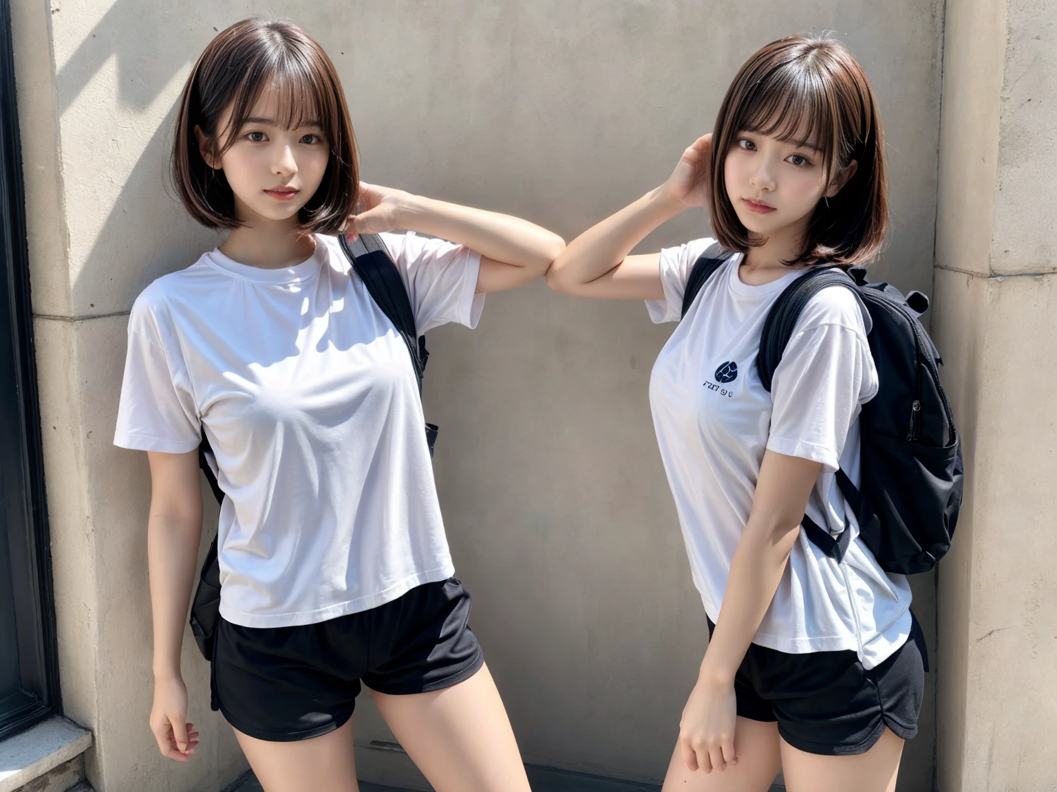 masterpiece, best quality, illustration, Super detailed, fine details, High resolution, 8K,wall paper, perfect dynamic composition,(Details High quality, realistic depiction of eyes:1.3), (2 girls), oversized sport shirt, shorts women, small backpack, short bob hair, black hair color, Big Natural Color Lip, y pose, crying a little、Harajuku style、20 year old girl、cute type、lolposing Gravure Idol, full body photo、focus on crotch, huge breasts
