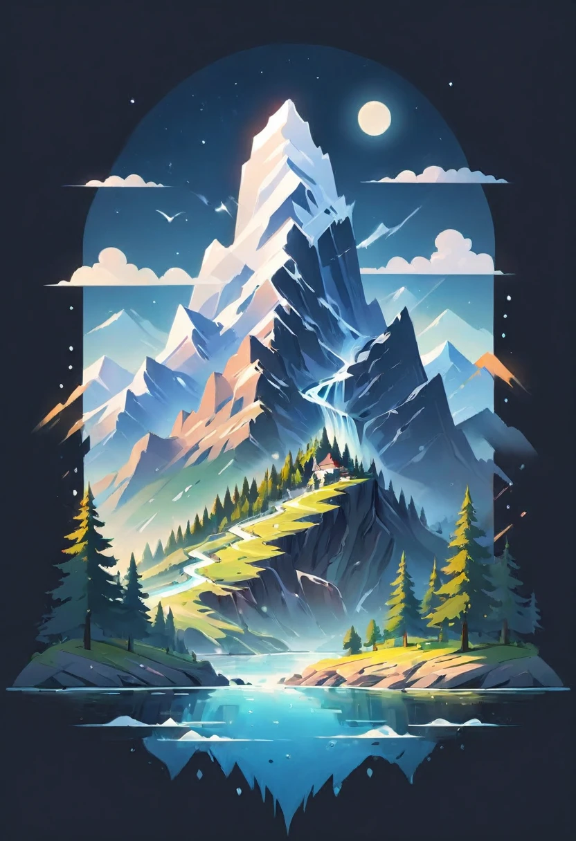 impressive painting of a mountain with trees and water, a detailed painting by Petros Afshar, shutterstock contest winner, environmental art, detailed painting, outlined art, 2d game art, isolated background for logo, strong contours, logo design