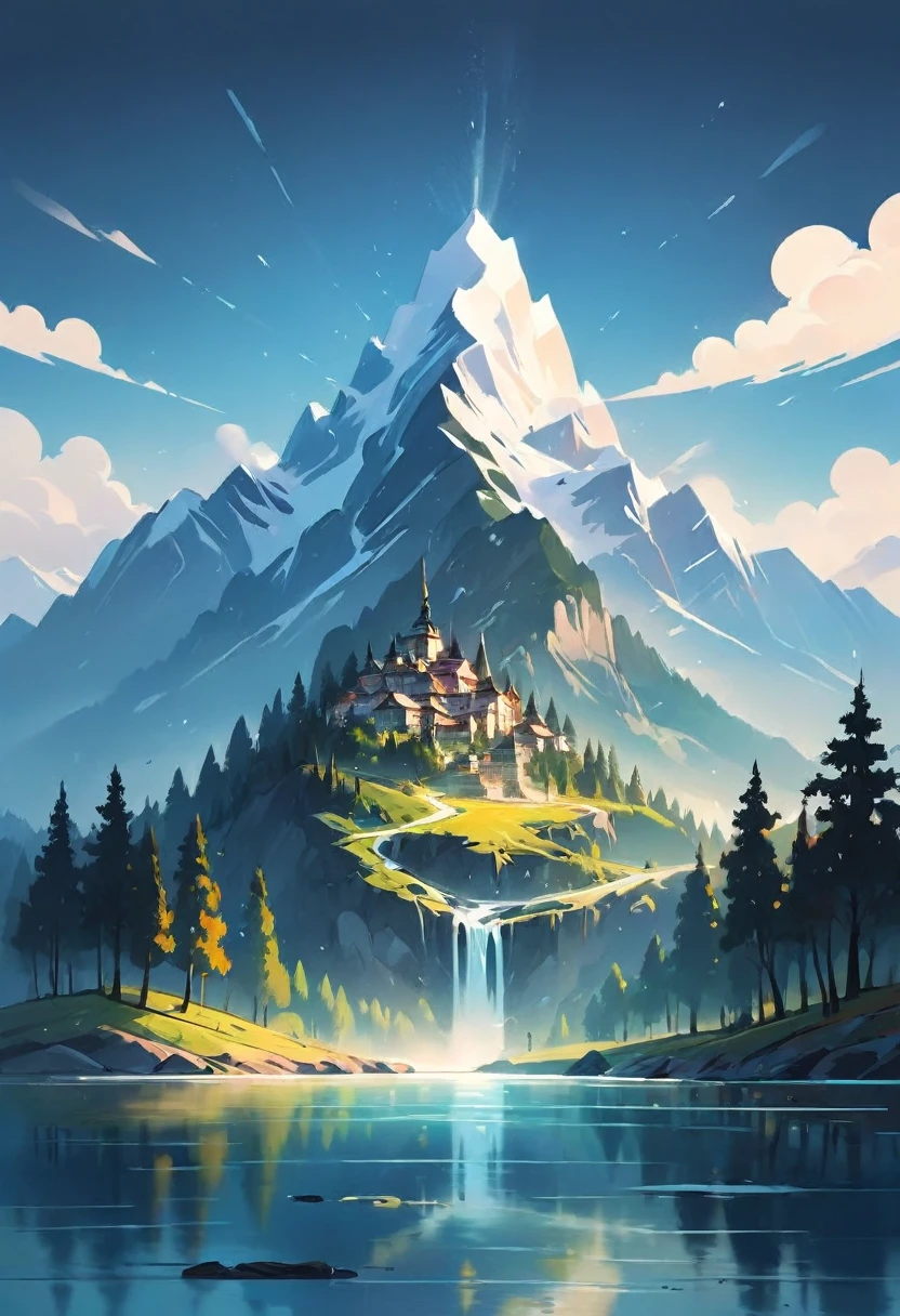 impressive painting of a mountain with trees and water, a detailed painting by Petros Afshar, shutterstock contest winner, environmental art, detailed painting, outlined art, 2d game art, isolated background for logo, strong contours, logo design