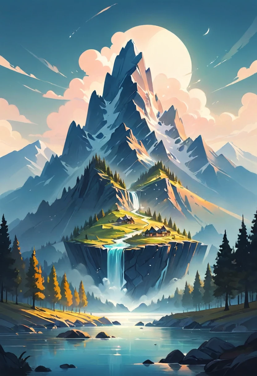 impressive painting of a mountain with trees and water, a detailed painting by Petros Afshar, shutterstock contest winner, environmental art, detailed painting, outlined art, 2d game art, isolated background for logo, strong contours, logo design
