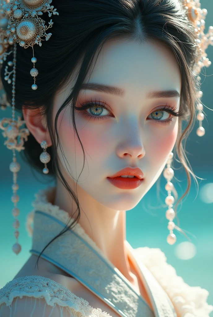 SHE IS A WOMAN, He has blue eyes and white hair, long white eyelashes and white eyebrows, little red lips, white complexion without any blemish, exquisite faces, but devoid of emotions, without makeup and with a princess adornment on her head and dressed in ancient anime china