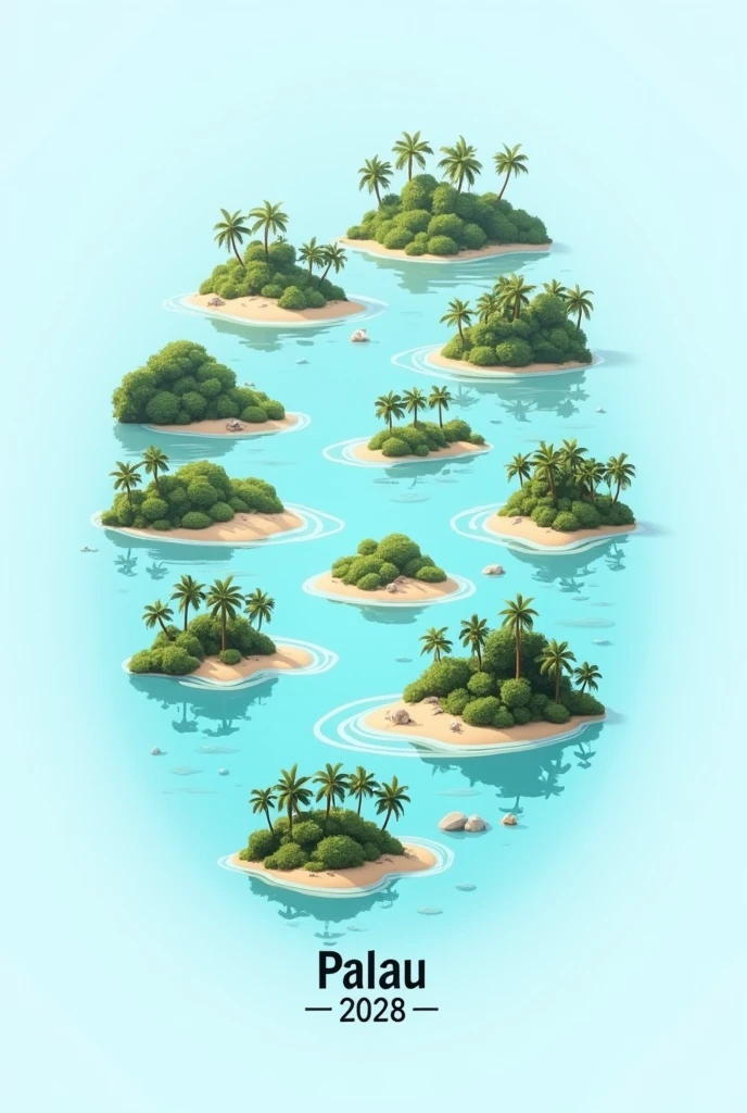 A logo of union between several people, but made with several small tropical islands. There must be at least 10 islands that make up the logo, where the union between people is noted. below it should say Palau 2028.