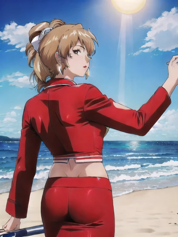 nsfw, masterpiece, best quality, 1girl, looking at viewer, ultra detailed, cowboy shot, folded ponytail, standing split pose, ,  red jacket, white shirt, earrings,  ascot, brooch, red jacket, red pencil skirt, red lips, looking back, (pantylines:1.1),  (beach, sandy shore, crashing waves, sunny:1.3), up-skirt, white underwear