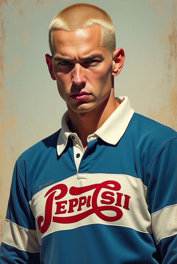 Create a picture of Eminem wearing a Pepsi rugby shirt from the 80s