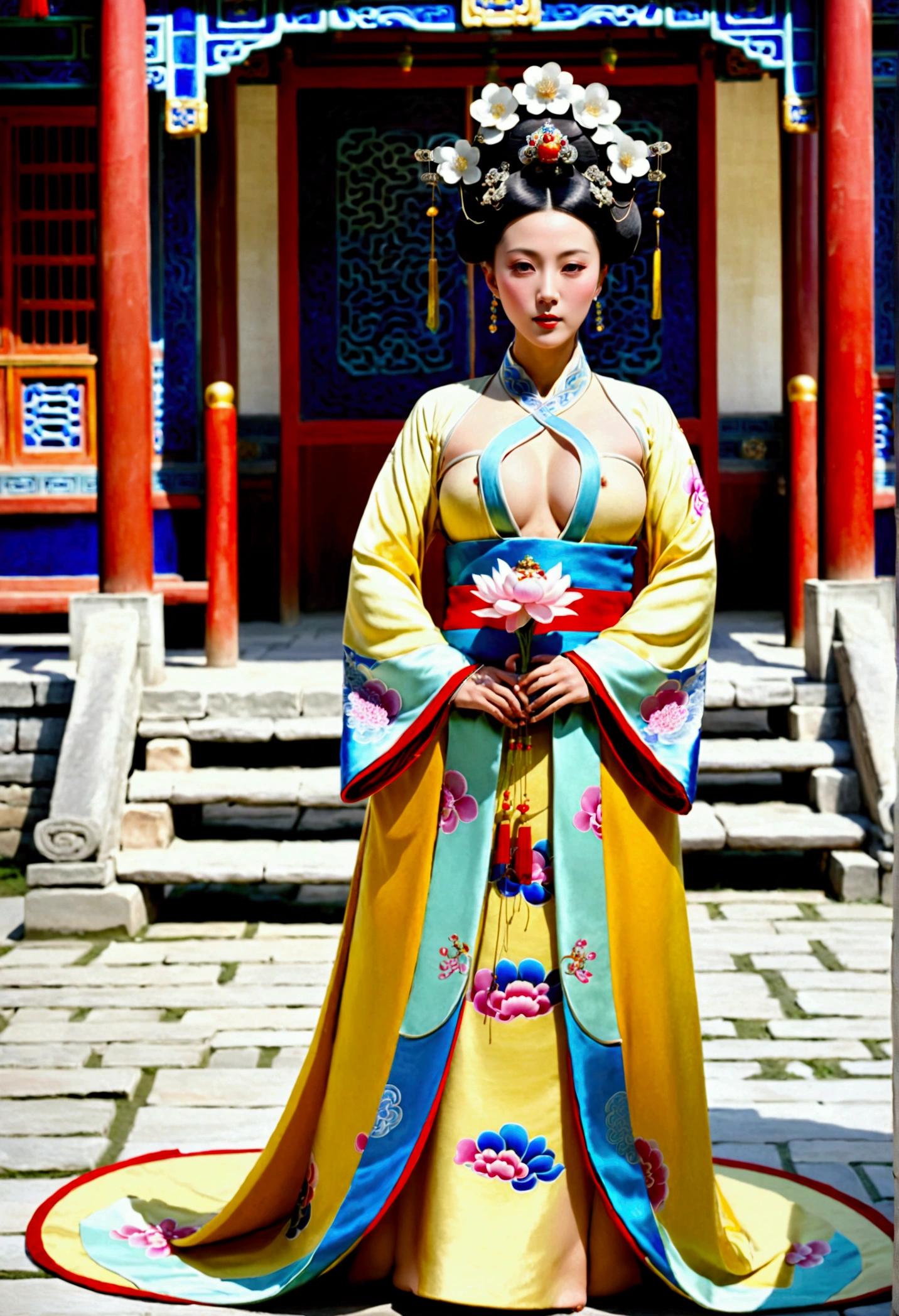 Front view of a Qing Dynasty empress in a Chinese palace during the Qing Dynasty. She is naked and has big breasts. She is wearing a crown and a flower hairpin.、. The background is the stone paving of a Chinese palace during the Qing Dynasty..