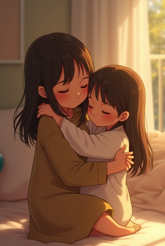 Mother, toddler son, hugging eachother close, on the couch, closed eyes, smiling, embrace, cute, brown hair