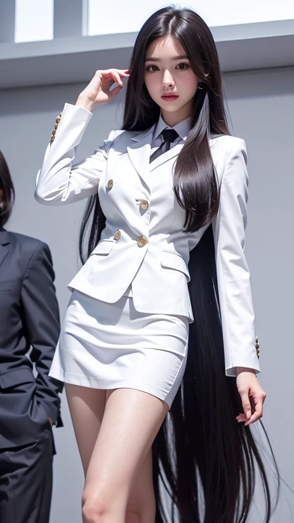 Businesswoman, womanสวย, Decorated with military insignia., Wear a suit and tie., short skirt, businessuitwhite, กระโปรงดินสอสั้นwhite, (short skirt:1.4), businessuitรัดรูป, All white outfit, Emphasize the curves of the body, (สาวสวยMy hair is two meters long., my hair is very long., extra long hair, long black hair), businessuit, (suitสไตล์อิตาลี, suitสองปุ่ม), (italian dress, white suit, Set of two buttons), (wear woman&#39;your clothes&#39;suit, woman&#39;s business suit, white), (suitwomanwhite), (เสื้อเชิ้ตwhite), necktie, (necktieสั้นสีดำ, necktieสีดำ, necktieผอม, ถักnecktie), (military rank insignia), (Short pencil skirtwhite), (Dynamic posts), full body, (A gigantic rift), ((big breasts:1.3), Thin body, small waist, hips raised, small thighs, Long legs), high-heelsสีดำ, (Short pencil skirt, white), Wearing a suit for a Businesswoman, (Wearing a white businessuit, businessuitหญิงwhite), (tight, military regalia, เสื้อwhite, กระโปรงwhite), Long legs, (black shoes), (Two gold suit buttons, My hair is two meters long., suitเข้ารูป, เสื้อsuitwhiteทรงธรรมดารัดรูป), (black shoes, high-heels), (stand, walk, A luxurious gesture, Dynamic posts), (big breasts), short dress, earring, garden, modeling, ภาพfull body, เหมือนfull body