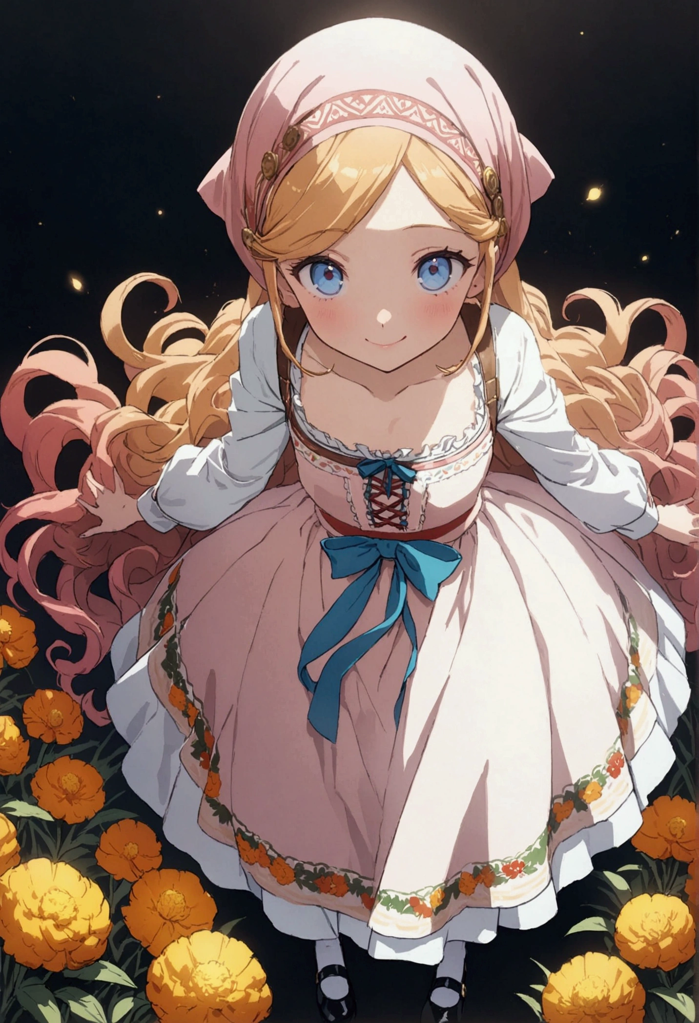 (masterpiece:1.2, best quality), (ultra-detailed), (illustration), (ultra highres), (delicate illustration), (hyper detailed), golden orange hair, gradient hair, very long hair, swept bangs, sidelocks, curly hair, wavy hair, (((((head scarf))))), head bandana, pink apron, flower in hair, marigold, orange flower, dirndl, pink dress, pink dirndl, long sleeves, waist apron, white apron, bow on waist, blue bow, , polish clothing, Slavic clothing, Hungarian clothing, anime, cute,, solo, smile, blue eyes, white stockings, black shoes, full body, straight-on, facing forward, flat chest, standing