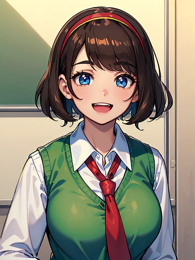 ((1girl)), ((short brown hair)), ((hairband)), ((blue eyes)), ((long sleeved white collared shirt)), ((green sweater vest)), ((red necktie)), ((black skirt)), ((big happy smile)), ((medium breasts)), ((generic girly pose)), ((big happy smile)), ((energetic)), ((bangs)), ((Kawaii)), ((face close up)), ((White shirt)), ((green sweater vest)), ((red necktie)), ((cute art style)), (((anime)), ((eyelashes)), ((friendly smile)), ((open mouth)), ((school interior)), ((long sleeves)), ((modern)), ((close up of face)), ((upper body only))