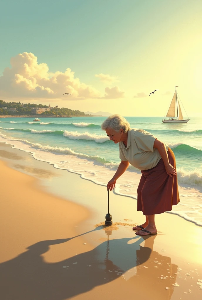 My aunt is on the beach and bends down to pick something up.