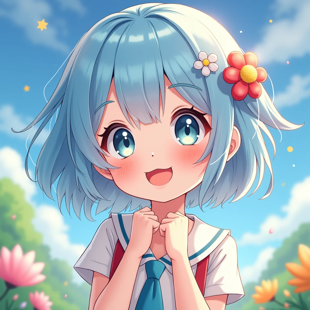 (best quality,ultra-detailed,realistic:1.37),cute anime girl,light blue hair,detailed eyes,detailed lips,smiling,wearing a cute outfit,cheerful expression,vibrant colors,soft lighting,anime style,fantasy background,playful pose,beautifully illustrated, vtuber