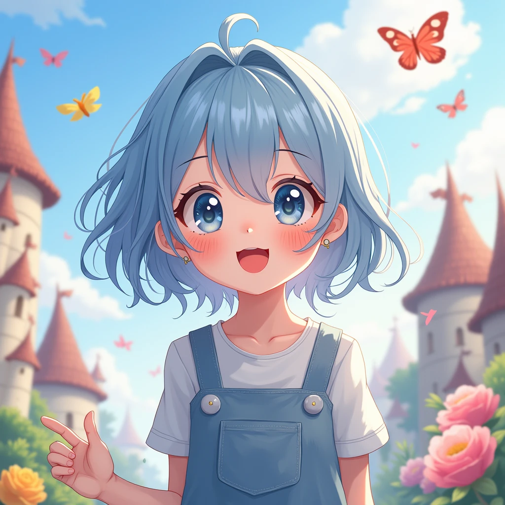 (best quality,ultra-detailed,realistic:1.37),cute anime girl,light blue hair,detailed eyes,detailed lips,smiling,wearing a cute outfit,cheerful expression,vibrant colors,soft lighting,anime style,fantasy background,playful pose,beautifully illustrated, vtuber