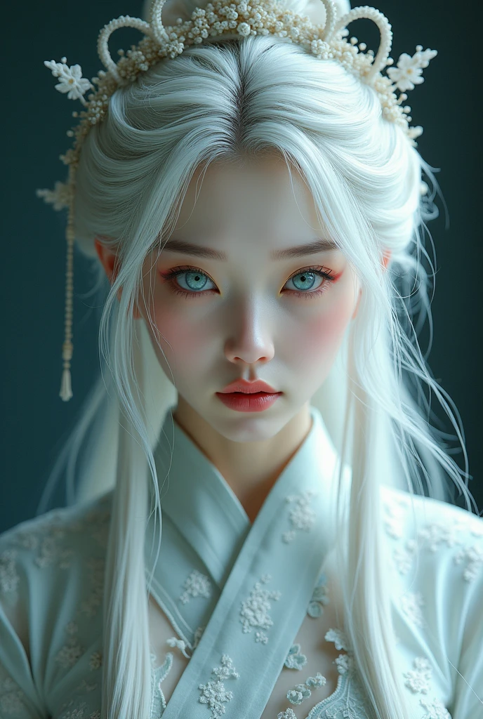SHE IS A WOMAN, He has blue eyes and white hair, long white eyelashes and white eyebrows, little red lips, white complexion without any blemish, exquisite faces, but devoid of emotions, without makeup and with a princess adornment on her head and dressed in ancient anime china
