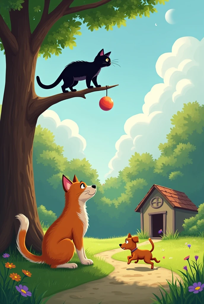 Title: "The Cat and the Dog: An Unexpected Friend"
Scene 1: The Encounter
Exterior – Park – Day
(Max, the cat, walks elegantly through the park, enjoying the peace and quiet. Bruno, the dog, is playfully running with a ball.)
Bruno: (enthusiastically) Hi! Do you mind if I play near you?
Max: (looking at Bruno with disdain) I prefer to be alone.
Bruno: (smiling) That’s okay, I just wanted to say hi. Have fun!
(Bruno continues playing while Max settles into a nearby shady spot.)
Scene 2: Bruno’s Persistence
Exterior – Park – Several days later – Day
(Bruno keeps trying to engage Max, offering him a toy and telling stories, while Max listens with indifference.)
Bruno: (showing a toy) Look at this frisbee! It’s my favorite. Have you ever played with one?
Max: (only looking) No, I’m not interested.
Bruno: (laughing) That’s fine! But if you ever change your mind, I’m here.
Scene 3: The Storm
Exterior – Park – Dusk
(Max is high up on a tree branch, watching a storm approaching. Bruno is running with his ball, unaware of the storm.)
Max: (worried) Bruno, come back! A storm is coming.
Bruno: (looking up at Max, confused) A storm? I hadn’t noticed!
(Bruno runs towards Max, who nimbly descends from the branch.)
Scene 4: Shelter in the Doghouse
Exterior – Doghouse – Night
(The storm rages outside. Max and Bruno are inside a doghouse that Bruno built, huddled together under a blanket.)
Bruno: (gratefully) Thanks for warning me, Max. I don’t know what I would have done without you.
Max: (smiling) No problem, Bruno. Sometimes it’s nice to have company.
Bruno: (excitedly) Yeah, and now we can share stories and laugh together!
(They settle in and start sharing stories while the storm continues outside. They laugh and enjoy each other’s company.)
Scene 5: A New Friendship
Exterior – Park – Day
(The storm has passed. Max and Bruno are playing together in the park, enjoying the sunshine. Max has become less distant and more open.)
Max: (laughing) I never t