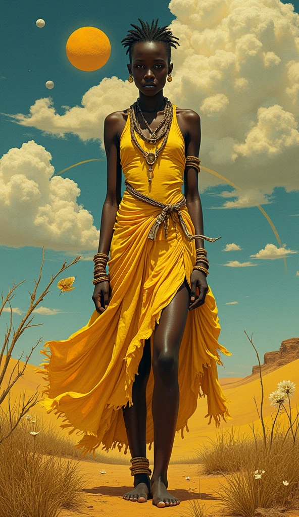 Yansa (female African goddess), ((Full body)),  (((short hair or hairless))), stunning face , yellow, beige, and white clothes, (((tribal artifacts))), storming and wind effects, Paul Klee style, surreal masterpiece, octane rendering, focus, colorful background, detailed, intricate details, rich colors, barefoot,
