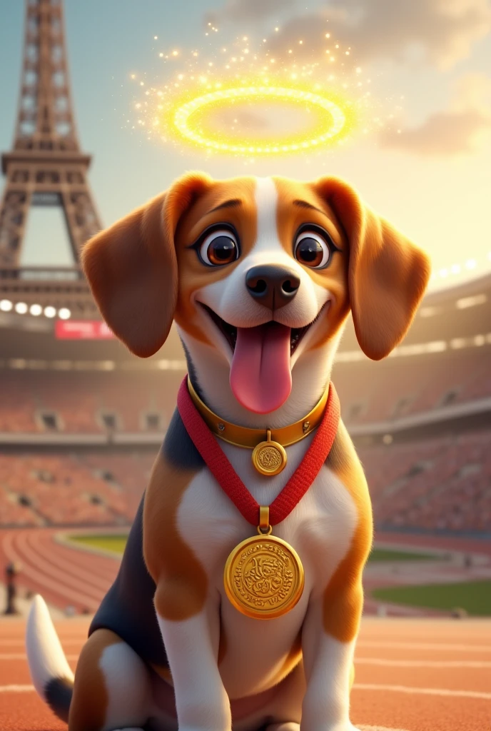 Make a picture of a Beagle dog with a halo on it winning a medal from the Paris France Olympic Games