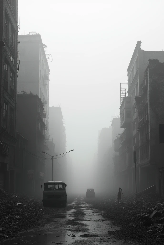 I want a picture of a destroyed city in shades of black,Unripe, white with fog without character