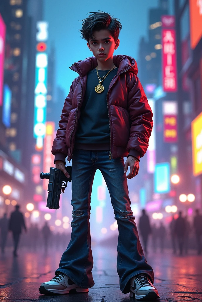  a boy AI standing confidently in the midst of a bustling London night street. He's wearing a stylish outfit consisting of a padded jacket, flared bell-bottom jeans, and sleek Nike sneakers and a locket of Lord hanuman with some wound on hand In his hand, he holds a futuristic  real looking pistol with a sleek design. The background is a vibrant display of neon billboards and towering skyscrapers, with the city's energetic nightlife unfolding around him. The avatar's expression is fearless and ready for action, as if he's about to take on the night. Bring this scene to life with your artwork!"