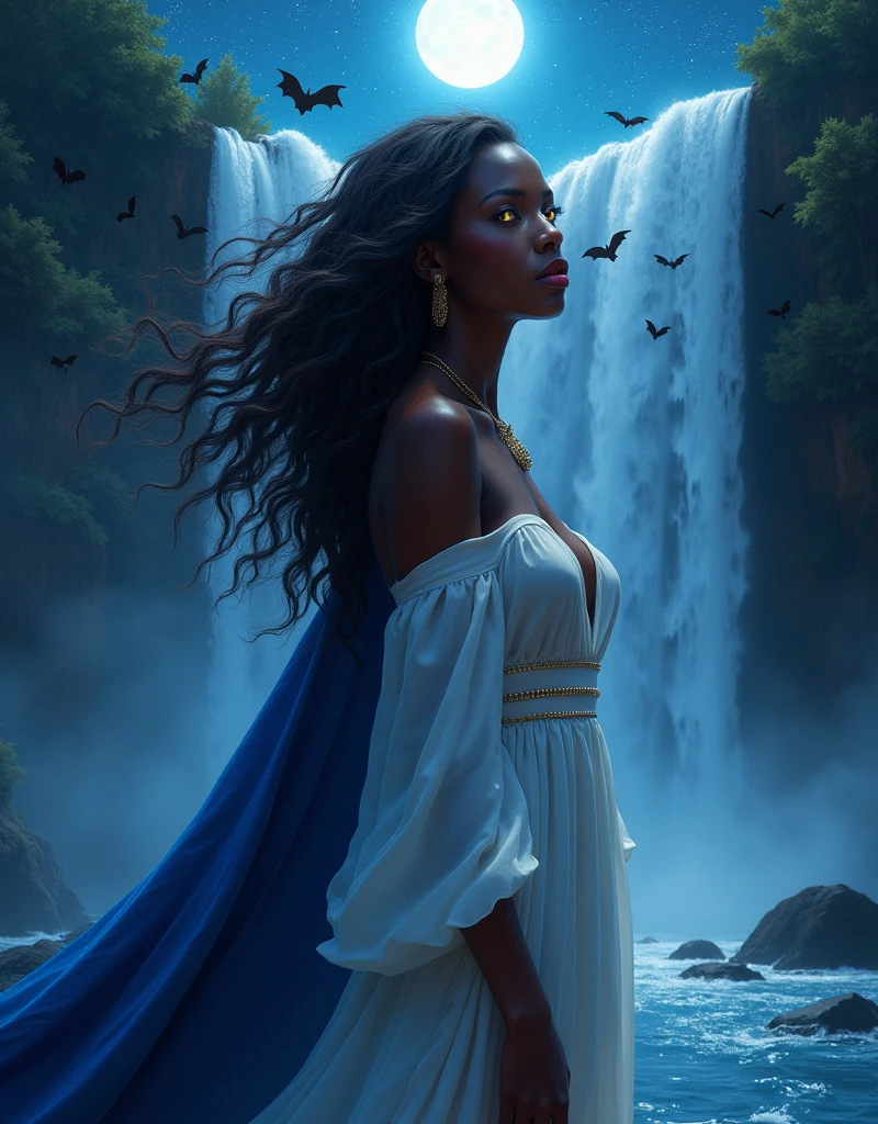 attractive female african vampire standing at the riverside of a mystical waterfall, starry night sky, wearing flowing cloak, gothic art, masterpiece painting