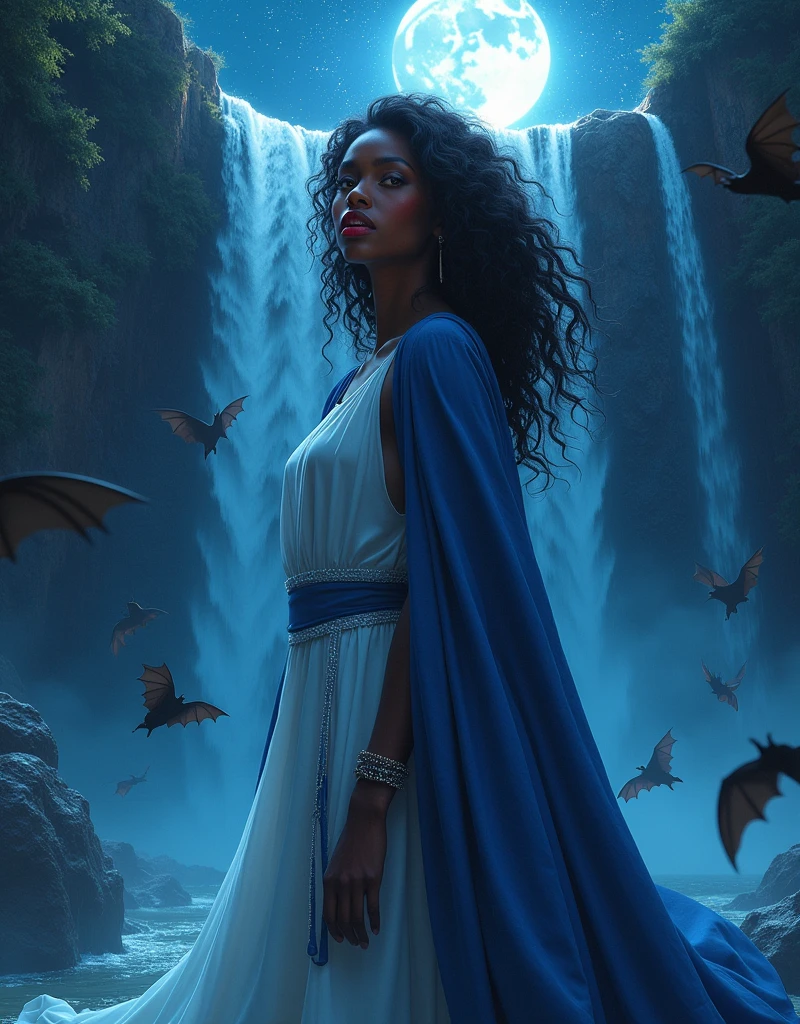 an (anime portrait: 1.3) picture of an exquisite beautiful female African vampire standing under the starry night sky at the base of the waterfall, ultra feminine, black skin, dynamic hair color, wavy hair, dynamic eyes color, glowing eyes, (vampire fangs: 1.5), cold eyes, glowing eyes, intense eyes, dark red lips, wearing white dress, wearing blue cloak, ultra best realistic, best details, best quality, 16k, [ultra detailed], masterpiece, best quality, (extremely detailed), photorealism, depth of field, hyper realistic painting, sky full of stars background, moon, bats flying about, high details, best quality, 8k, [ultra detailed], masterpiece, best quality, (ultra detailed),