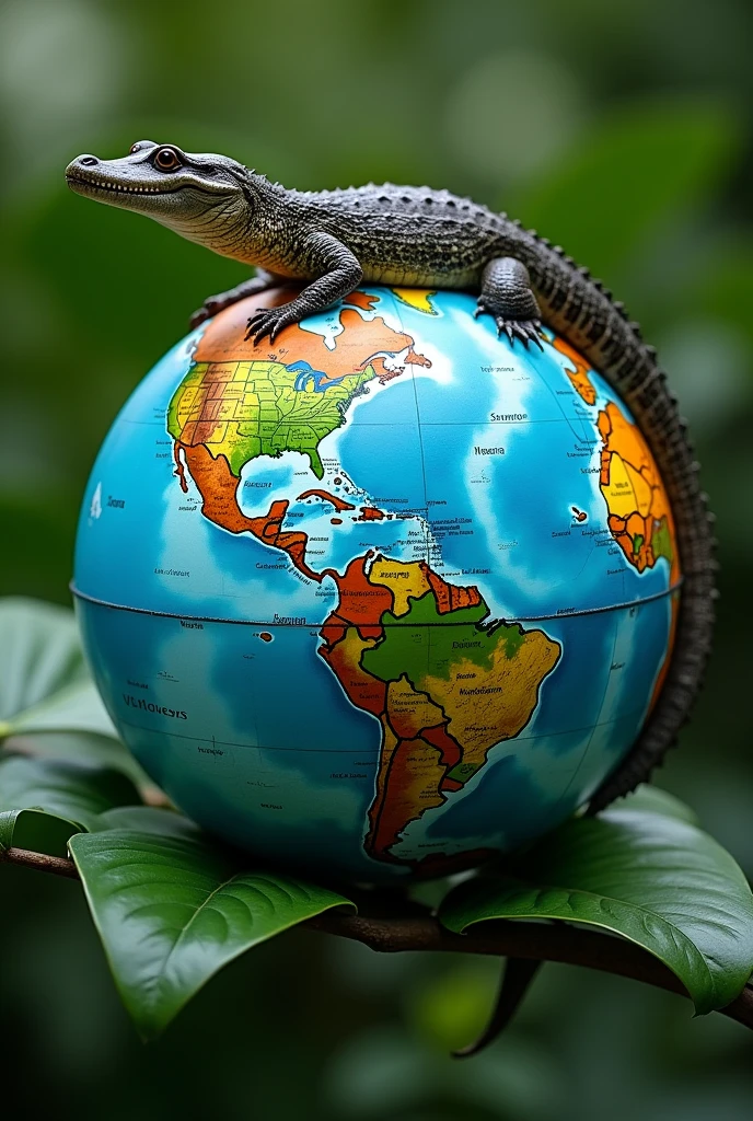 a circle resting on top of a green tree leaf, Take the map and inside the globe place the meeting of the waters of the Solimoes River with the Negro River. behind the globe the flag of the Amazon. and to close the top of the flag, the back of a caiman, forming a bottomless Amazon connectivity.
