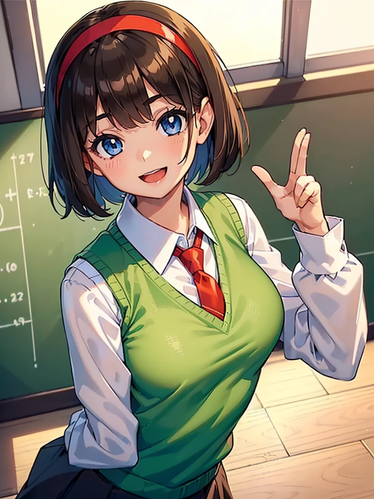 ((1girl)), ((short brown hair)), ((hairband)), ((blue eyes)), ((long sleeved white collared shirt)), ((green sweater vest)), ((red necktie)), ((black skirt)), ((big happy smile)), ((medium breasts)), ((generic girly pose)), ((big happy smile)), ((energetic)), ((bangs)), ((Kawaii)), ((face close up)), ((White shirt)), ((green sweater vest)), ((red necktie)), ((cute art style)), (((anime)), ((eyelashes)), ((friendly smile)), ((open mouth)), ((school interior)), ((long sleeves)), ((modern)), ((close up of face)), ((upper body only))