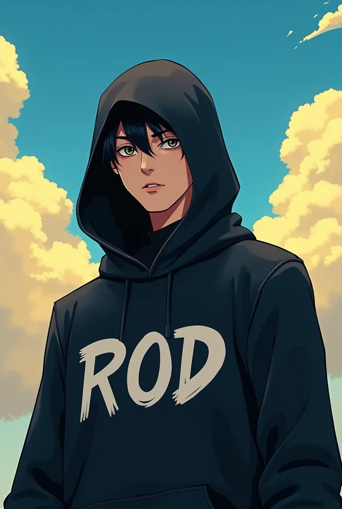 naughty man,smooth face like anime,black cowl,ROD written on the hood behind the back,blue background with yellow clouds.