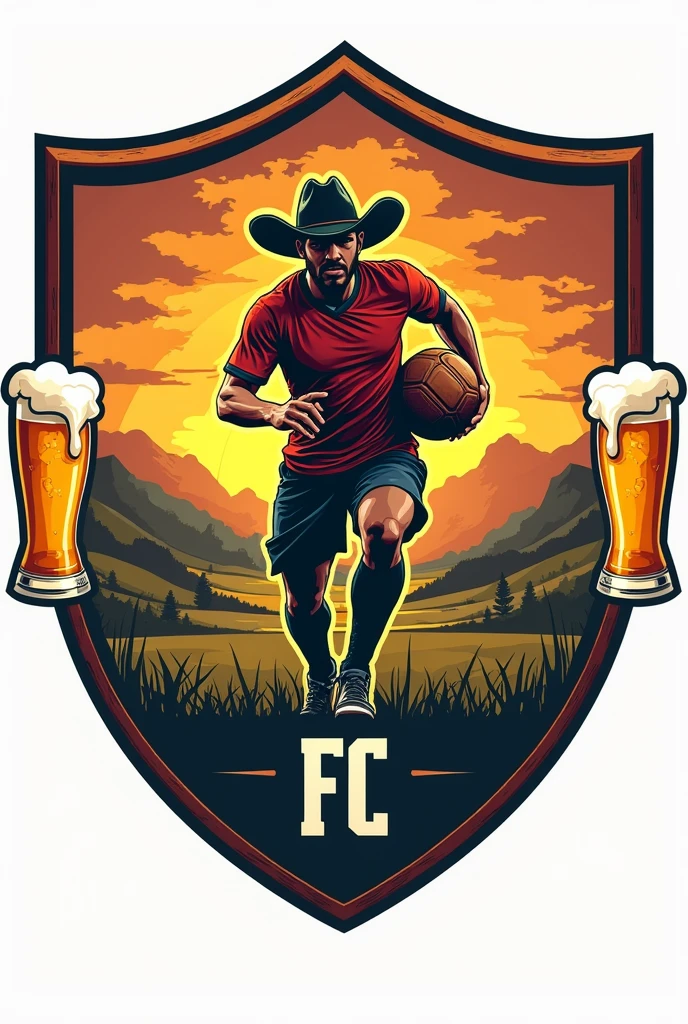 Farm football team shield with cowboy playing football with two beers on either side of the shield, with the name "Boa Vista FC" no shield