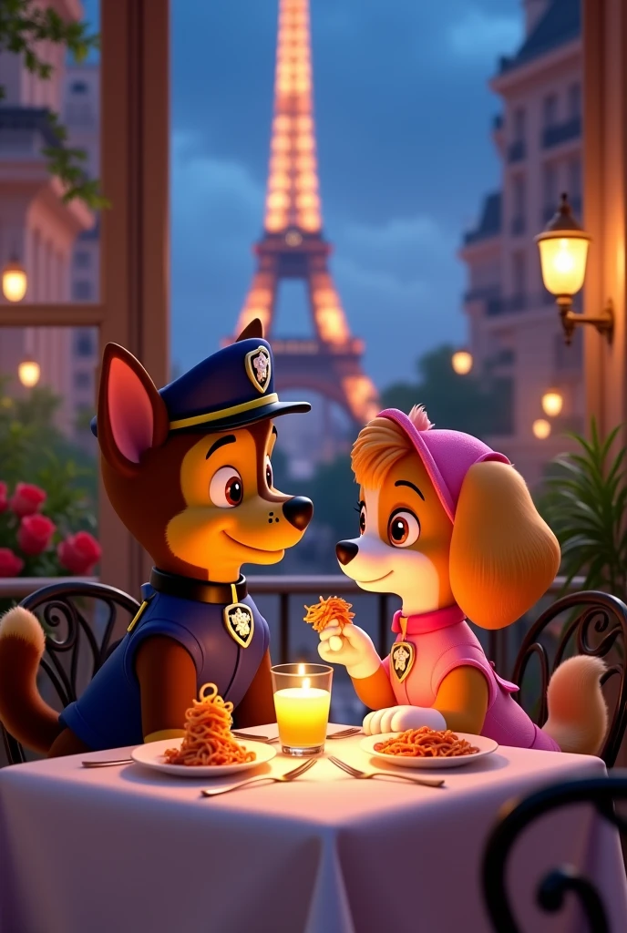 Paw Patrol chase and skye on a date in Paris with spaghetti as the dish