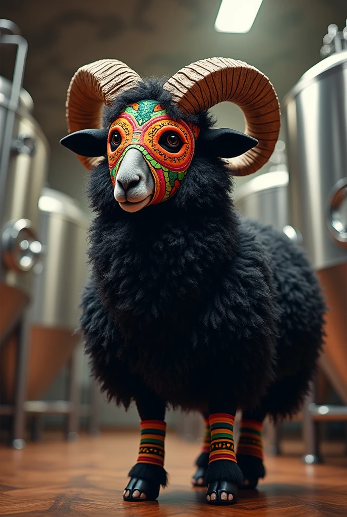 An illustration of a human-shaped black sheep wearing a Mexican wrestler mask brewing craft beer with stainless steel fermenters in the background